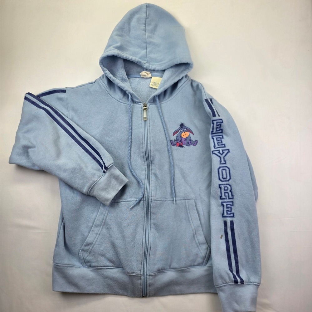 Disney Eeyore Blue Zip Up Hoodie Sweatshirt Womens Size L Eeyore Spell Out